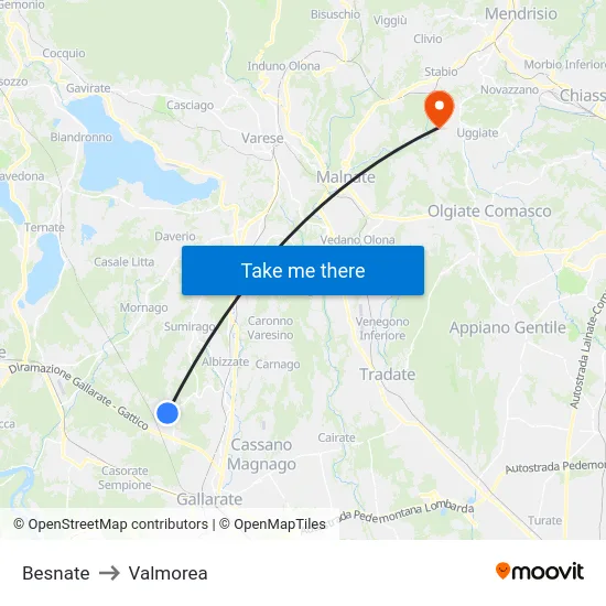 Besnate to Valmorea map