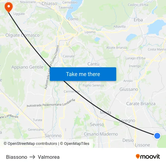 Biassono to Valmorea map