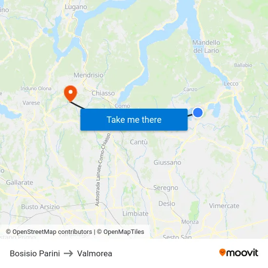 Bosisio Parini to Valmorea map