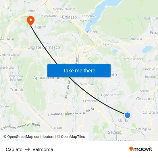 Cabiate to Valmorea map