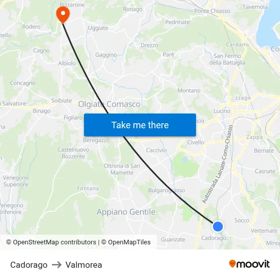 Cadorago to Valmorea map