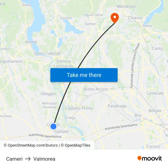 Cameri to Valmorea map