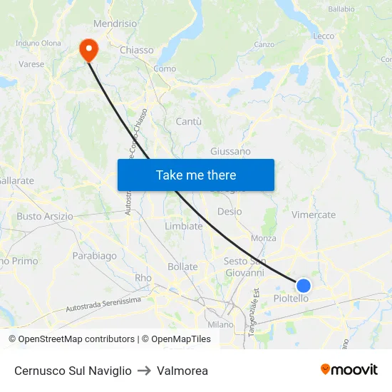 Cernusco Sul Naviglio to Valmorea map