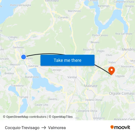 Cocquio-Trevisago to Valmorea map