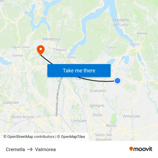 Cremella to Valmorea map