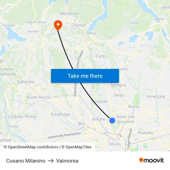 Cusano Milanino to Valmorea map