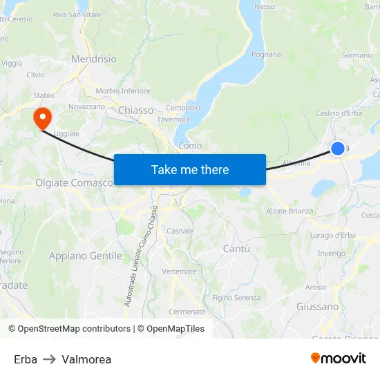 Erba to Valmorea map