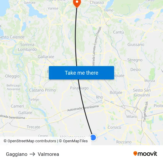 Gaggiano to Valmorea map