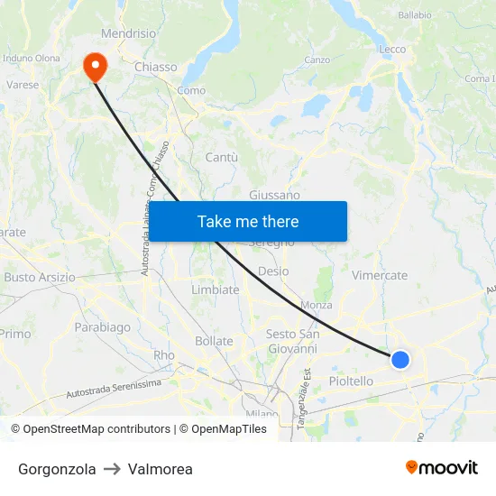 Gorgonzola to Valmorea map