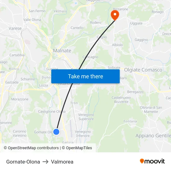 Gornate-Olona to Valmorea map