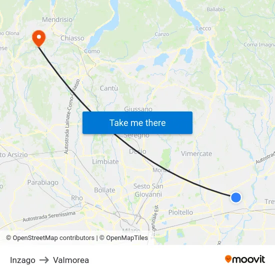 Inzago to Valmorea map