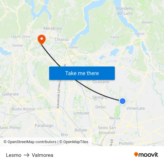 Lesmo to Valmorea map