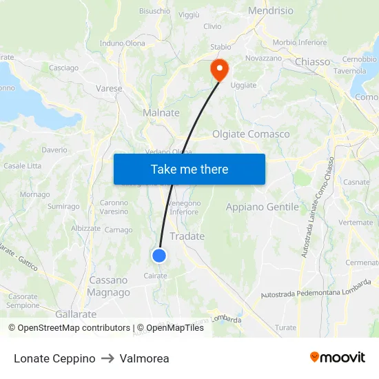 Lonate Ceppino to Valmorea map