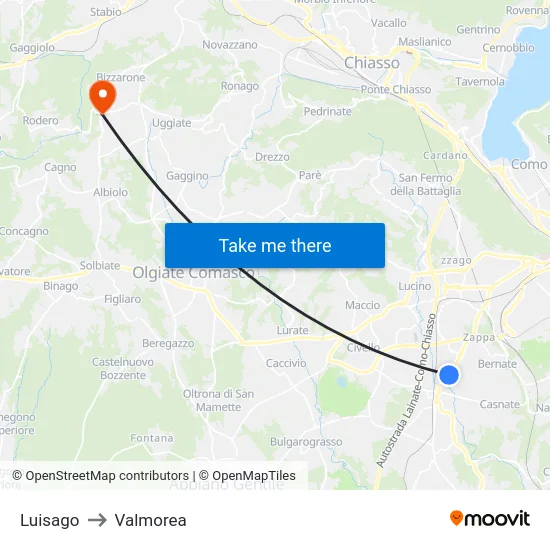 Luisago to Valmorea map
