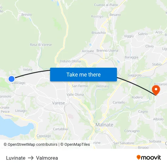 Luvinate to Valmorea map