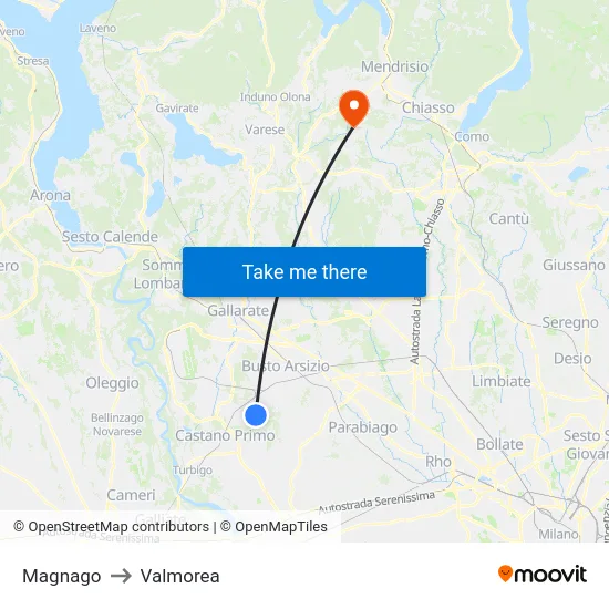 Magnago to Valmorea map