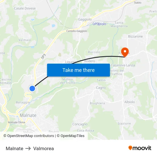 Malnate to Valmorea map