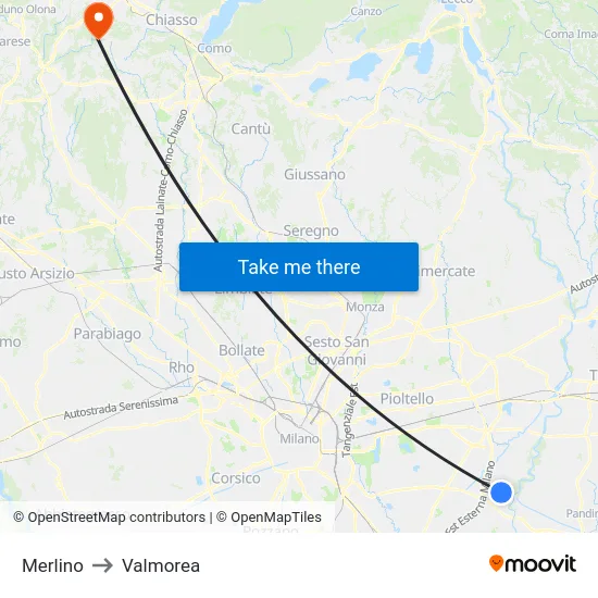 Merlino to Valmorea map