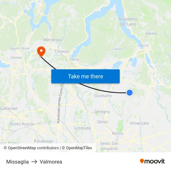 Missaglia to Valmorea map