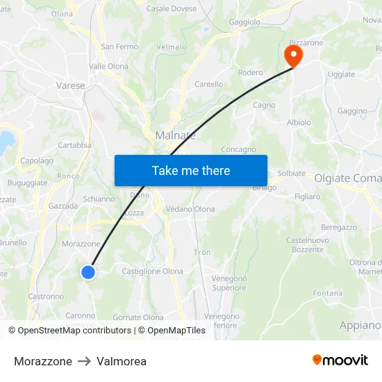 Morazzone to Valmorea map