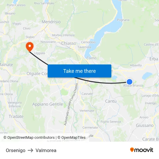 Orsenigo to Valmorea map