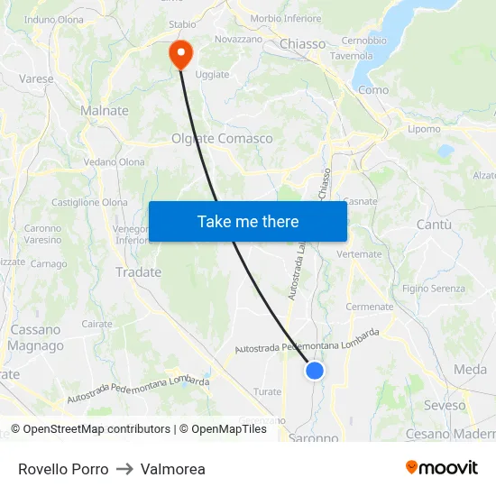 Rovello Porro to Valmorea map