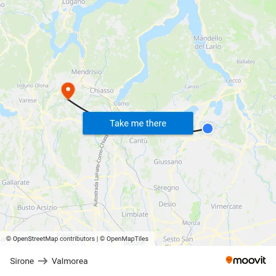 Sirone to Valmorea map