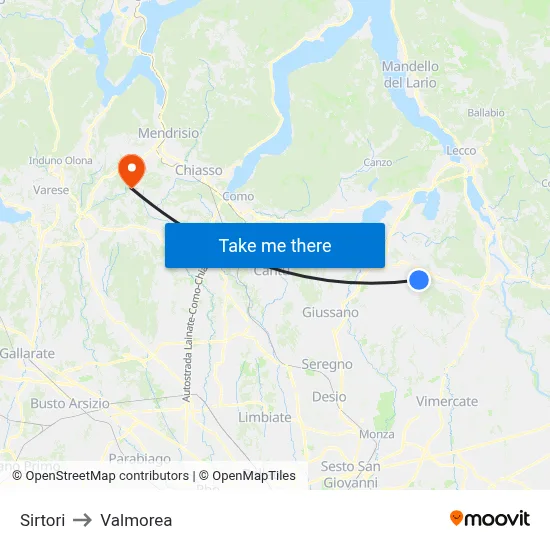 Sirtori to Valmorea map