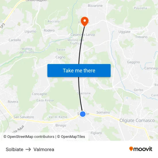 Solbiate to Valmorea map
