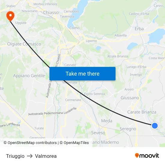 Triuggio to Valmorea map