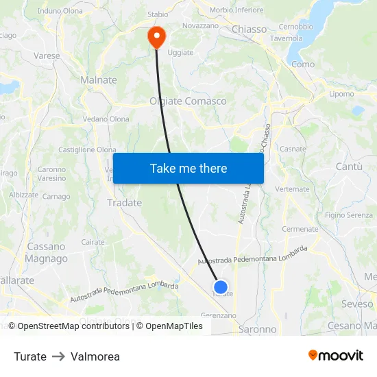 Turate to Valmorea map