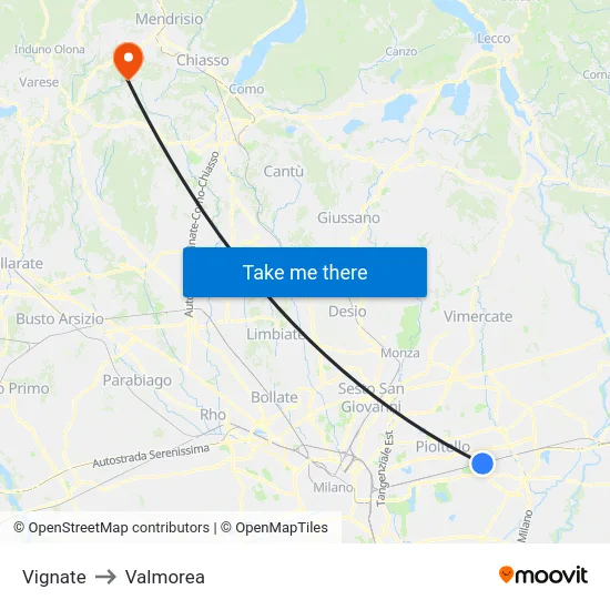 Vignate to Valmorea map
