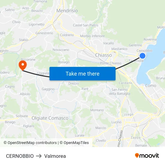 Cernobbio to Valmorea map