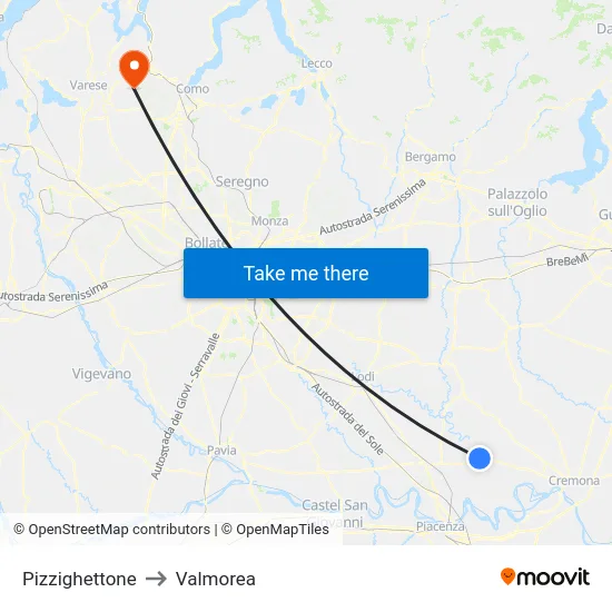 Pizzighettone to Valmorea map