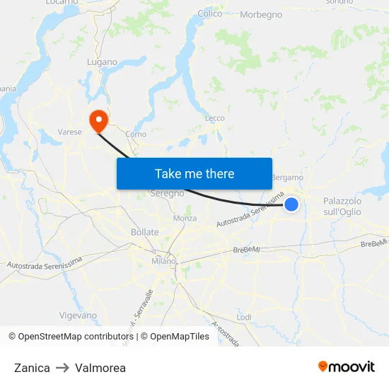 Zanica to Valmorea map