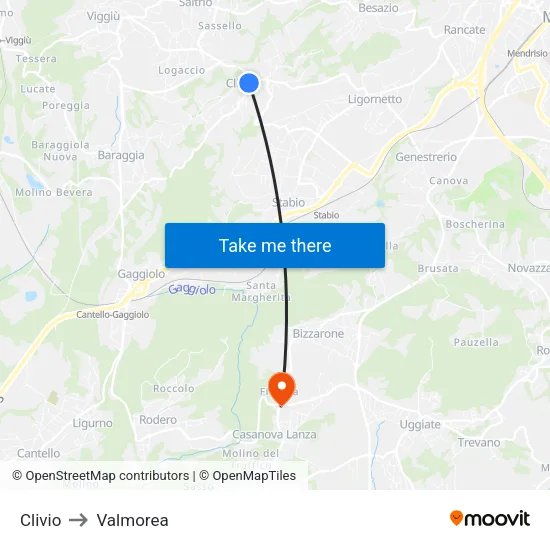 Clivio to Valmorea map