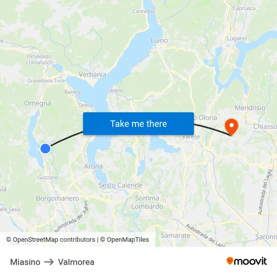 Miasino to Valmorea map
