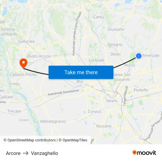 Arcore to Vanzaghello map