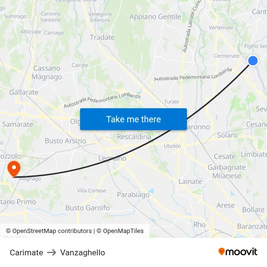 Carimate to Vanzaghello map