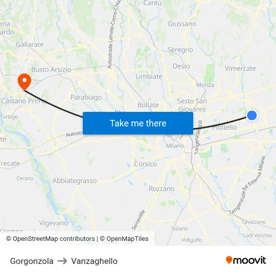 Gorgonzola to Vanzaghello map