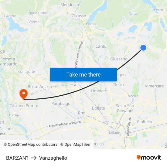 Barzan to Vanzaghello map