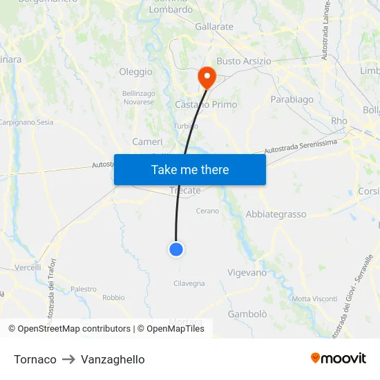 Tornaco to Vanzaghello map