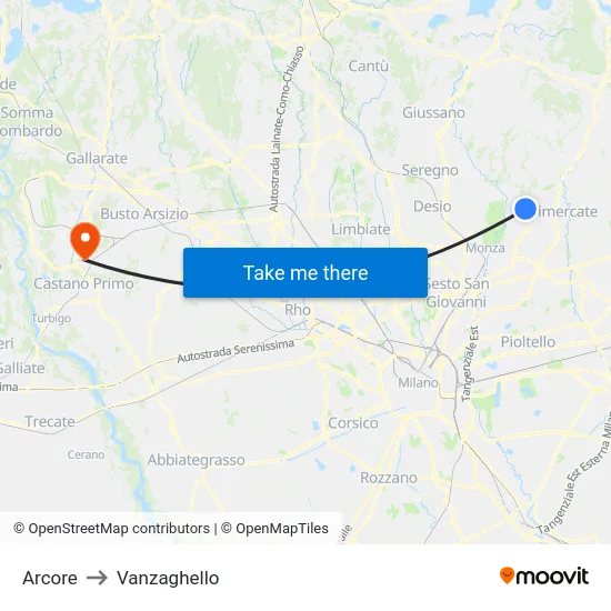 Arcore to Vanzaghello map