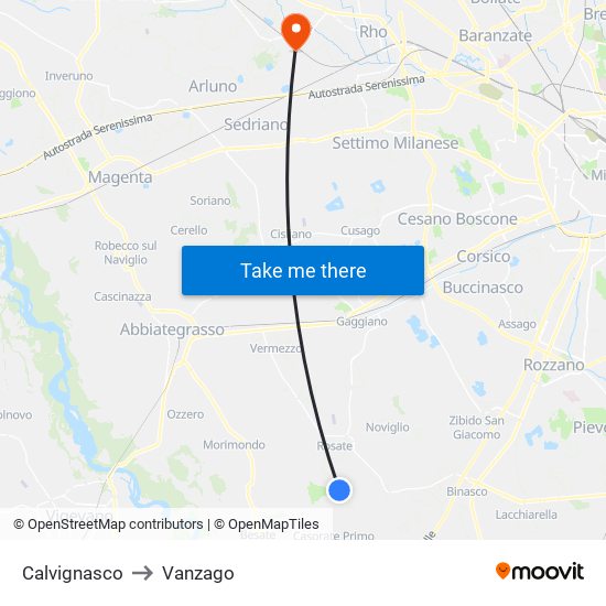 Calvignasco to Vanzago map