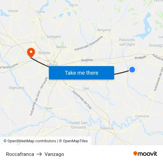 Roccafranca to Vanzago map