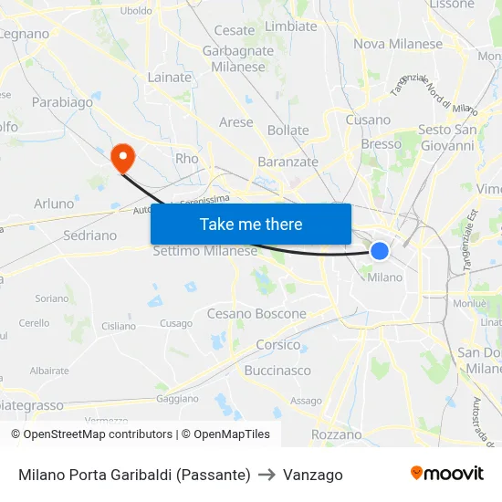 Milan Porta Garibaldi (Passante) to Vanzago map