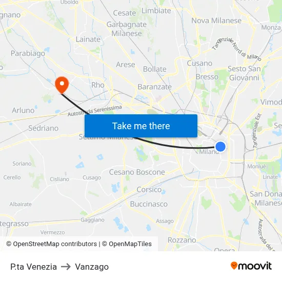 P.ta Venezia to Vanzago map