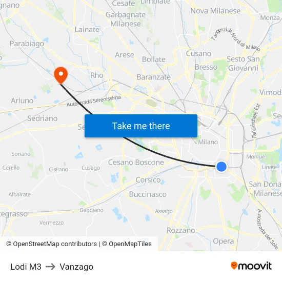 Lodi M3 to Vanzago map