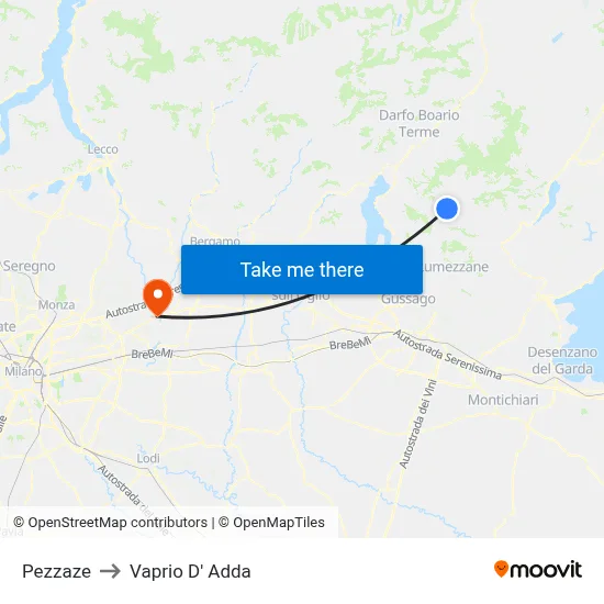 Pezzaze to Vaprio d'Adda map