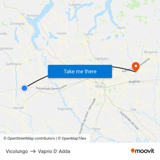 Vicolungo to Vaprio d'Adda map